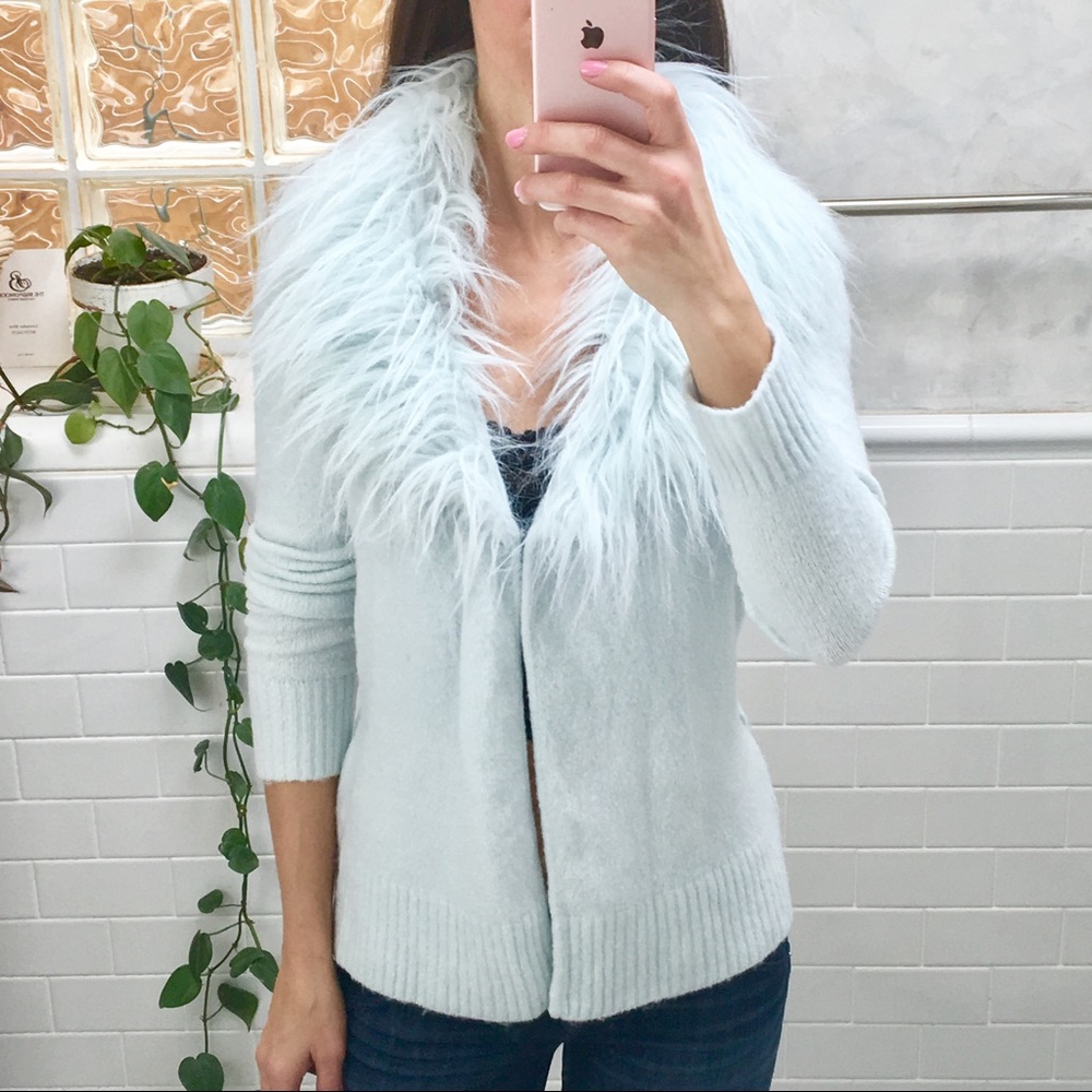 Faux Fir Collar Knit Wrap Baby Blue Cardigan - Picture 5 of 7